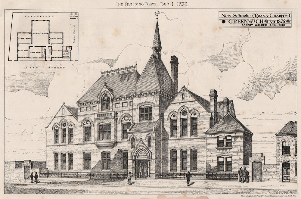 New schools (Roans charity), Greenwich; Robert Walker, Architect 1876 print